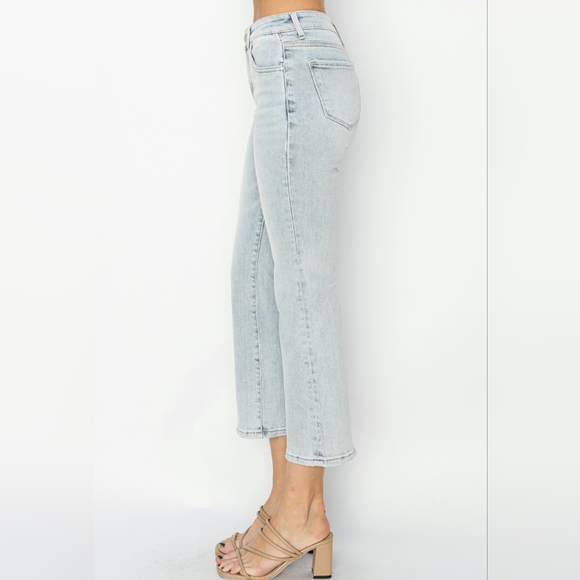 RISEN High-Rise Waist Skinny Fit Denim Pants Cropped Wide Flare Hem Blue Jeans - Picture 11 of 16